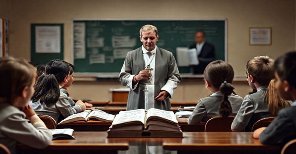 Scena klasowa katolicka przedstawiająca konflikt między tradycyjną katechezą a nowoczesną edukacją zdrowotną w szkole.