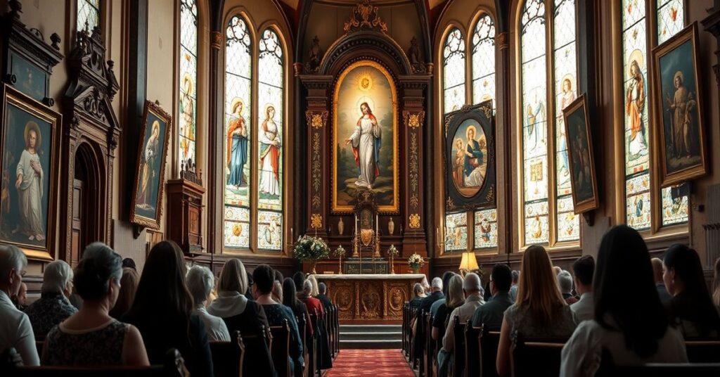 Wnętrze katolickiego kościoła z tradycyjnym ołtarzem przedstawiającym Serce Jezusowe otoczone dziełami sztuki sakralnej.