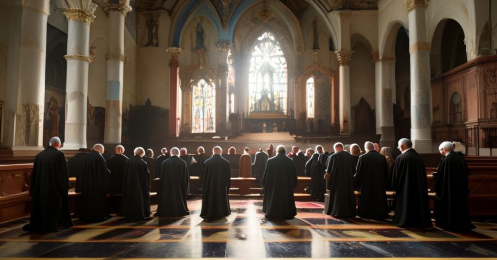 Tradycyjny wnętrze kościoła z balaskami i klęczankami z kapłanami modlącymi się przed Najświętszym Sakramentem w diecezji Charlotte