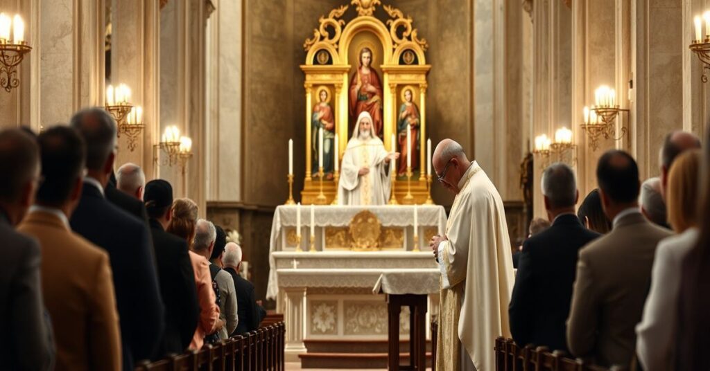 Wierni katolicy modlący się w tradycyjnym kościele, kontrastujący z modernistycznymi odchyleniami intencji modlitewnych na 2027 rok.