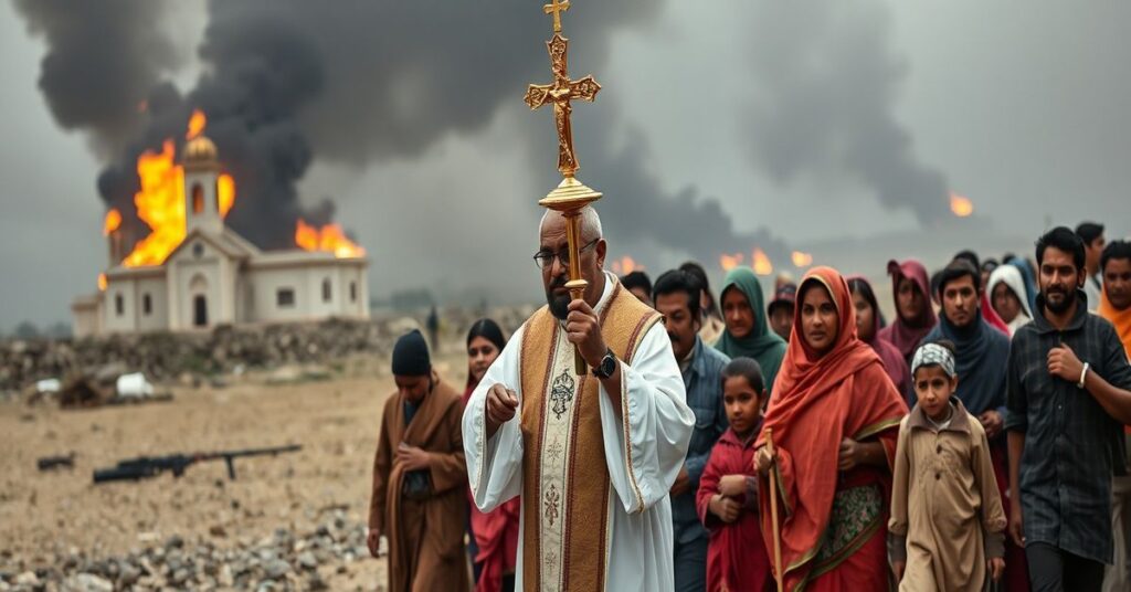 Procesja katolickich uchodźców uciekających przed prześladowaniami w Egipcie i Bangladeszu, prowadzona przez księdza z monstrancją z Najświętszym Sakramentem. Scena w realistycznym oświetleniu z palącymi się kościołami na tle.