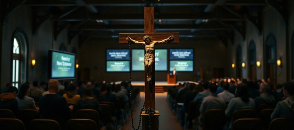 Wnętrze tradycyjnej kaplicy katolickiej z grupą uczniów modlących się różańcem na pierwszym planie. Na tle widoczna jest sala konferencyjna z rektorami Mirosławem Kalinowskim i Robertem Tyrałą wypowiadającymi się na temat 'zrównoważonego rozwoju' i 'cyfryzacji'. Kontrast między sakralnym i świeckim jest wyraźny.