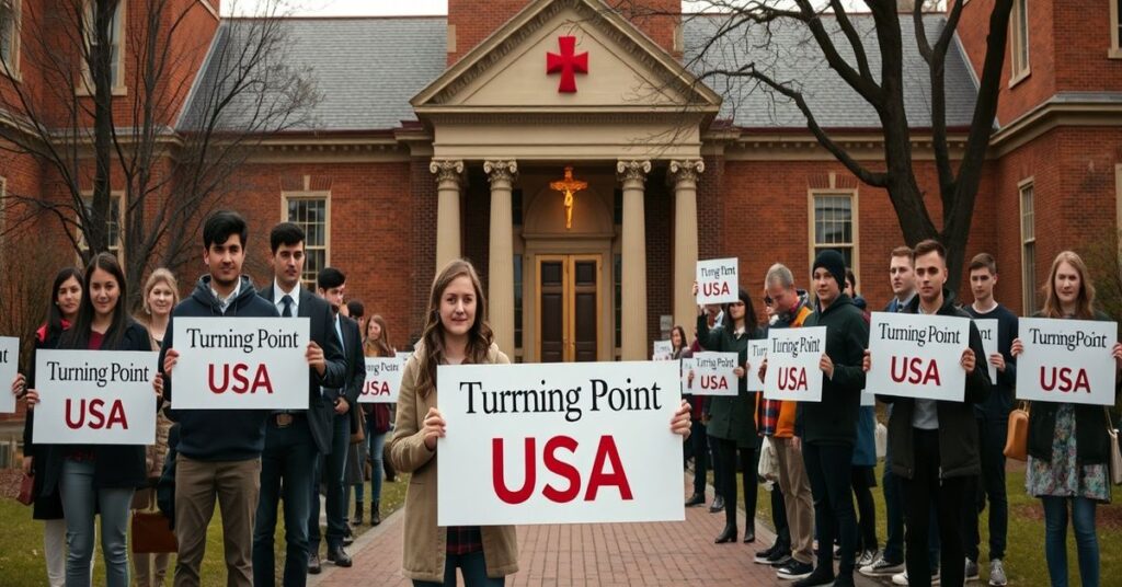 Wizualizacja kontrastu między uniwersytetami Ivy League otwartymi na konserwatyzm a katolickimi uczelniami blokującymi tradycję.