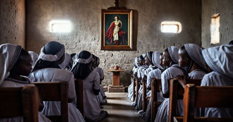 Grupa katolickich uczennic modlących się w kaplicy szkolnej w Nigerii