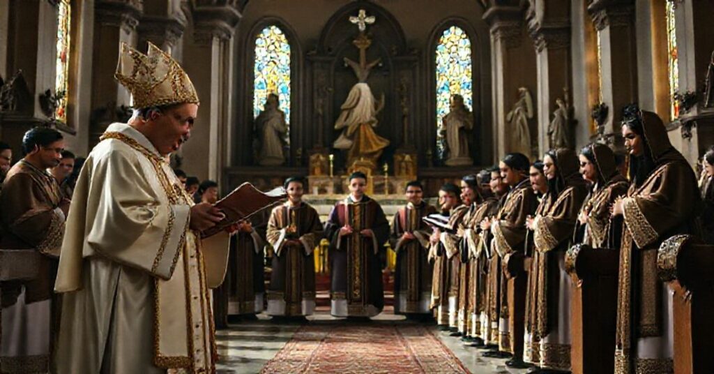 Sobór katolicki z tradycyjnym ołtarzem i postaciami peruwiańskich męczenników w strojach liturgicznych. Scena jest oświetlona delikatnym światłem przechodzącym przez witraże.