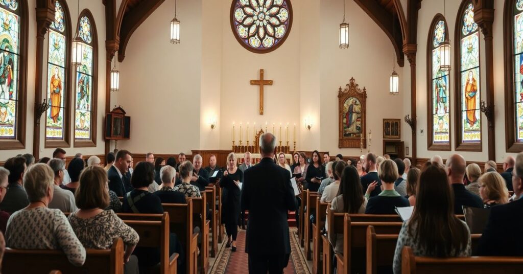 Zdjęcie przedstawia tradycyjny wnętrze kościelne z ołtarzem i witrażami podczas warsztatów muzyczno-liturgicznych w Suszu. Uczestnicy pod przewodnictwem świeckich prowadzących skupiają się na muzyce, nie mając sakramentalnego celu.