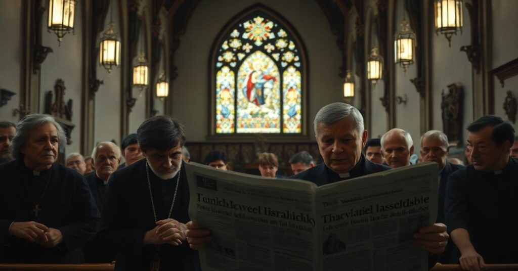 Wierni i ksiżowie czytają artykuł z Tygodnika Powszechnego o destrukcyjnym wpływie nowoczesnego teatru na wartości katolickie w tradycyjnym wnętrzu kościola