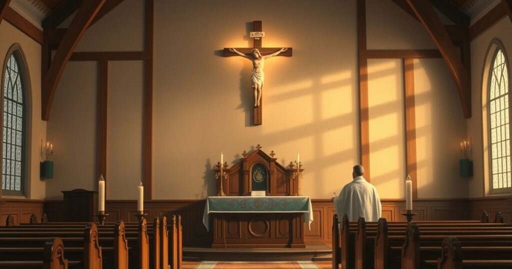 Realistyczne zdjęcie katolickiego wnętrza z ołtarzem, krzyżem i kapłanem podczas Eucharystii, pełne szacunku i duchowej atmosfery.