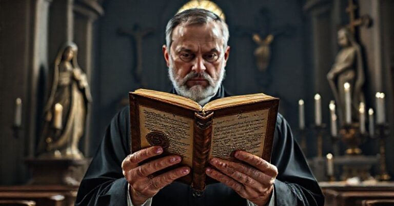 Tradycyjny katolicki wnętrze kościelne z mężczyzną studiującym stary dokument o rzekomych proroctwach