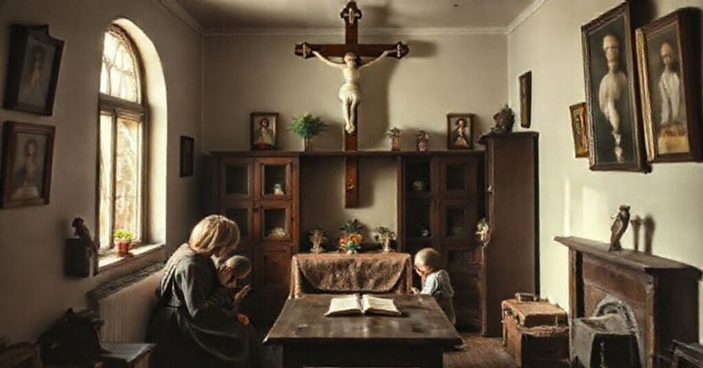 Ojcowie z dziećmi modlący się w tradycyjnym polskim wnętrzu domowym z XIX wieku z krzyżem i obrazami religijnymi