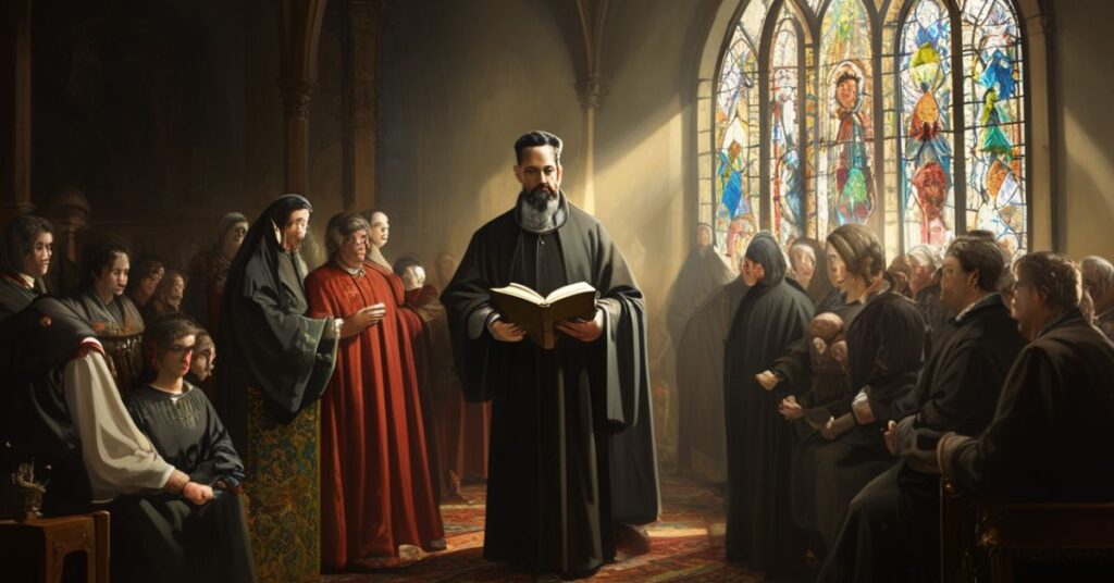 Tradycyjna wnętrze kościoła z księdzem i wiernymi rozważającymi projekt rozwodów pozasądowych