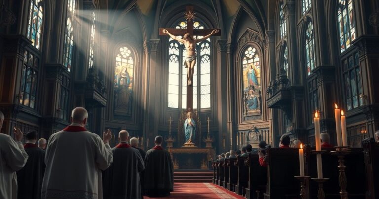 Realistyczne zdjęcie katolickiego wnętrza kościoła z kapłanami modlącymi się przy krzyżu, symbolami wiary i pokuty, oddające powagę i duchowy klimat ceremoni
