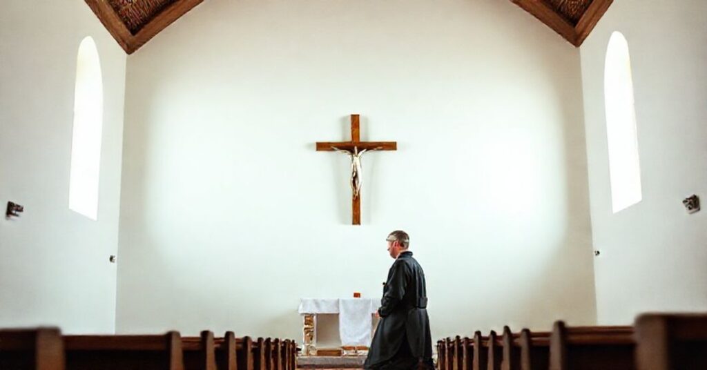 Tradycyjny wnętrze katolickie z prostym krucyfiksem i modlącym się kapłanem wobec ściany pokrytej nowoczesnym drukiem UV z reklamą marki