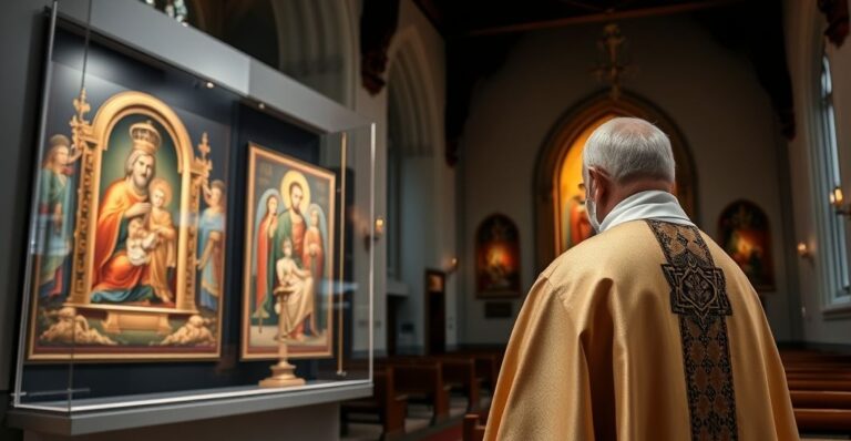 Wnętrze katolickiej świątyni z kapłanem patrzącym na nowoczesną wystawę sztuki krytykującą synkretyzm religijny
