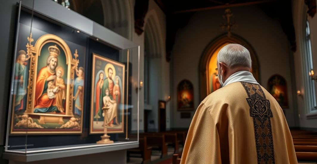 Wnętrze katolickiej świątyni z kapłanem patrzącym na nowoczesną wystawę sztuki krytykującą synkretyzm religijny