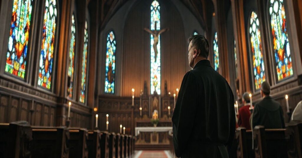 Wnętrze tradycyjnego katolickiego kościoła z kapłanem w sutannie, symbolizujące wierną liturgię i odrzucenie herezji modernistycznych.