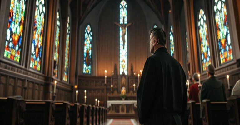 Wnętrze tradycyjnego katolickiego kościoła z kapłanem w sutannie, symbolizujące wierną liturgię i odrzucenie herezji modernistycznych.
