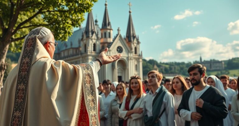 Reverentne zdjęcie katolickie z pielgrzymami i kapłanem błogosławiącym przy sanktuarium Licheńskim, ukazujące duchową wspólnotę i pokorę.