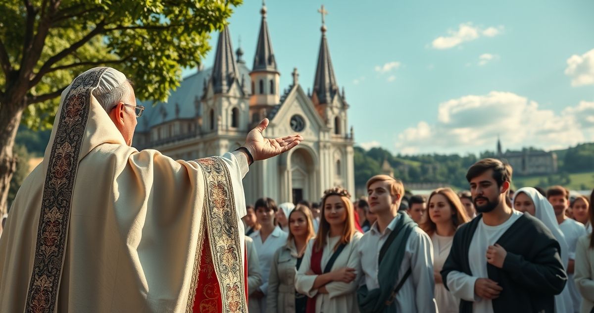Rewerentna scena katolicka w sanktuarium Licheńskim Reverentne zdjęcie katolickie z pielgrzymami i kapłanem błogosławiącym przy sanktuarium Licheńskim, ukazujące duchową wspólnotę i pokorę.