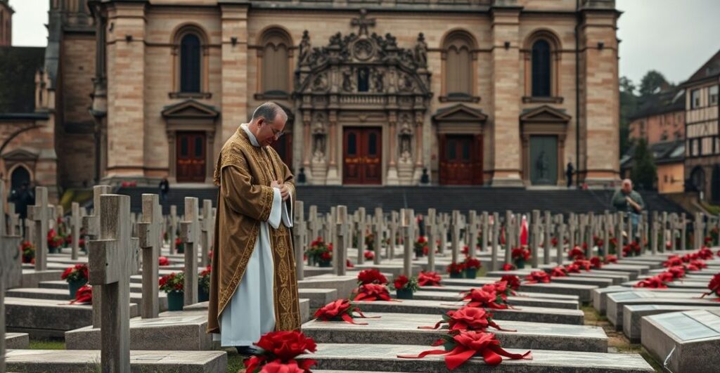 Reverentne katolickie wspomnienie of memorial z ofiarami wojny, kapłan modlący się przy grobach żołnierzy, poważny i pełen szacunku klimat