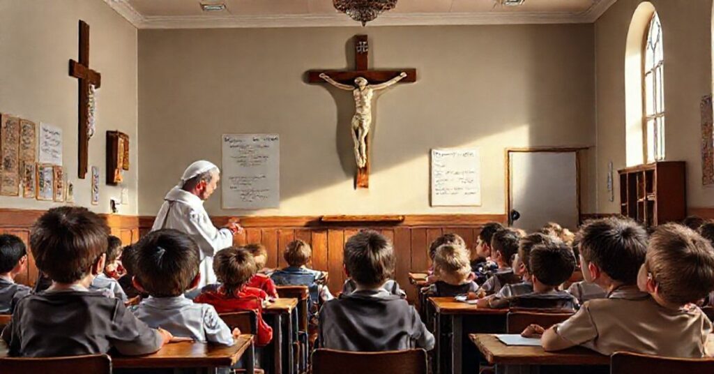 Kluczowe hasło: Katolickie wychowanie moralne - tradycyjna klasa szkolna z katechizmem i krzyżem