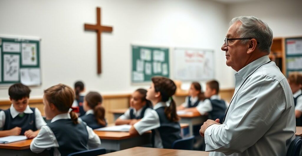 Stara klasa szkolna z tradycyjnym nauczycielem katolickim, który wskazuje na krzyż, podczas gdy uczniowie w mundurach siedzą na swoich miejscach. Scena symbolizuje walkę o wychowanie katolickie w obliczu laickiej inwazji.