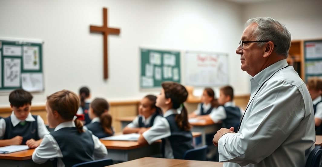 Stara klasa szkolna z tradycyjnym nauczycielem katolickim, który wskazuje na krzyż, podczas gdy uczniowie w mundurach siedzą na swoich miejscach. Scena symbolizuje walkę o wychowanie katolickie w obliczu laickiej inwazji.