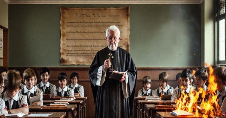 Stary katolicki ksiądz w sutannie trzyma krucyfiks przed klasą, podczas gdy nowoczesne podręczniki są palone, symbolizując walkę między prawdziwym katolickim wychowaniem a modernistyczną apostazją.