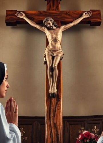 Catholic nuns venerating the Cross in a chapel Słynne katolickie zakonnice adorujące Krzyż w kaplicy, symbol prawdziwej wiary i pokuty