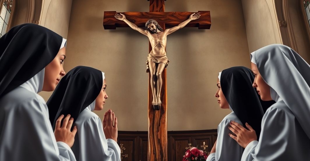 Catholic nuns venerating the Cross in a chapel Słynne katolickie zakonnice adorujące Krzyż w kaplicy, symbol prawdziwej wiary i pokuty