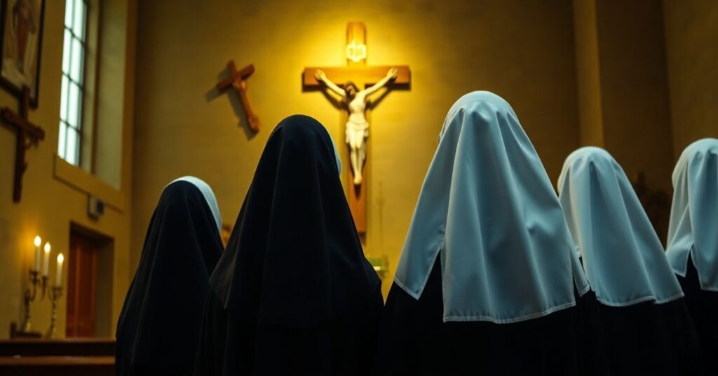 Fotografia realistyczna katolickich zakonnic modlących się przed krucyfiksem w świątyni, symbolizująca wierność tradycji i sprzeciw wobec modernistycznych fałszerstw
