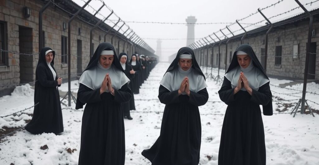 Fotografia realistyczna zakonnic katolickich modlących się w obozie koncentracyjnym, symbolizująca ich cierpienie i wierność wierze w trudnych warunkach