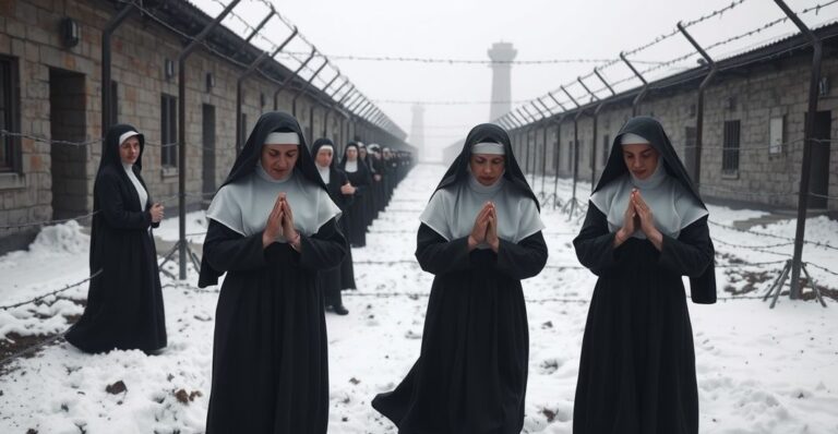 Fotografia realistyczna zakonnic katolickich modlących się w obozie koncentracyjnym, symbolizująca ich cierpienie i wierność wierze w trudnych warunkach
