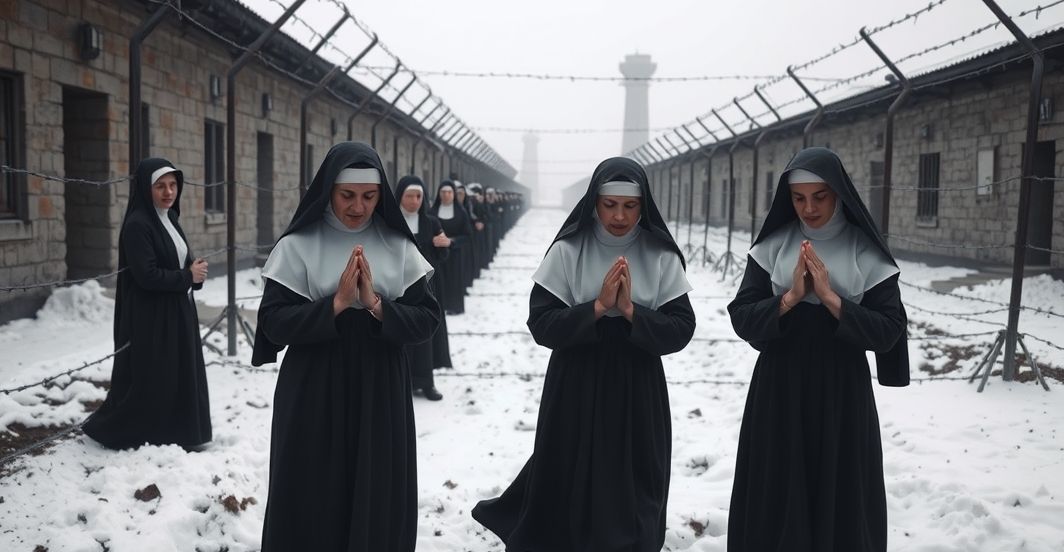 Catholic Nuns Praying in Prison Camp – Traditional Catholic Martyrdom Fotografia realistyczna zakonnic katolickich modlących się w obozie koncentracyjnym, symbolizująca ich cierpienie i wierność wierze w trudnych warunkach