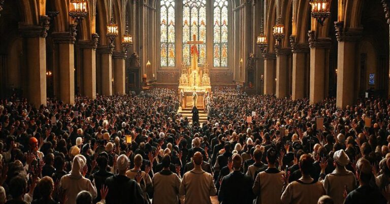 Tradycyjne katolickie zebranie w obronie życia, z wielką modlitwą i krzyżami, z symbolicznym krzyżem widocznym przez witraże