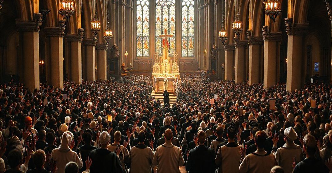 Tradycyjne katolickie zebranie w obronie życia, z wielką modlitwą i krzyżami, z symbolicznym krzyżem widocznym przez witraże