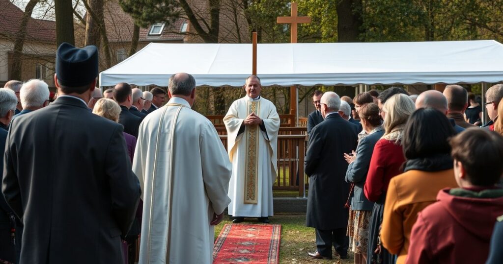 Uczestnicy katolickiego zgromadzenia w Wadowicach podczas poważnej, duchowej ceremonii w tradycyjnym stylu