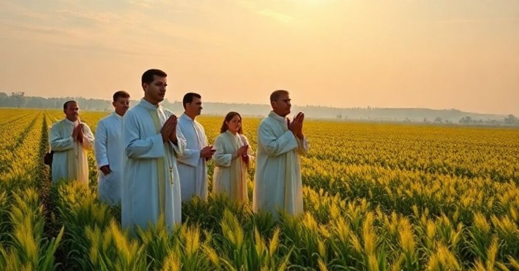 Rewerentny obraz katolickiego błogosławieństwa dożynek na polu, kapłani w stroju liturgicznym modlą się w naturalnym otoczeniu, ukazując sacrum i tradycję