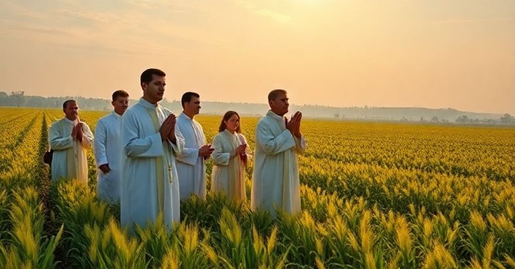 Katolicka scena błogosławieństwa dożynek na polu Rewerentny obraz katolickiego błogosławieństwa dożynek na polu, kapłani w stroju liturgicznym modlą się w naturalnym otoczeniu, ukazując sacrum i tradycję
