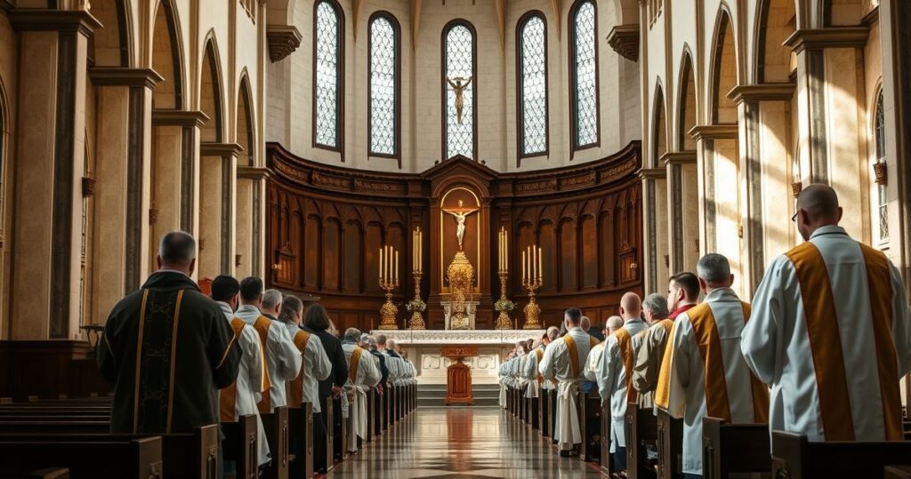 Sanktuarium katolickie z kapłanami modlącymi się przed ołtarzem, w skupieniu i pokorze, w świetle świec, ukazujące głęboką religijność i oddanie Bogu.