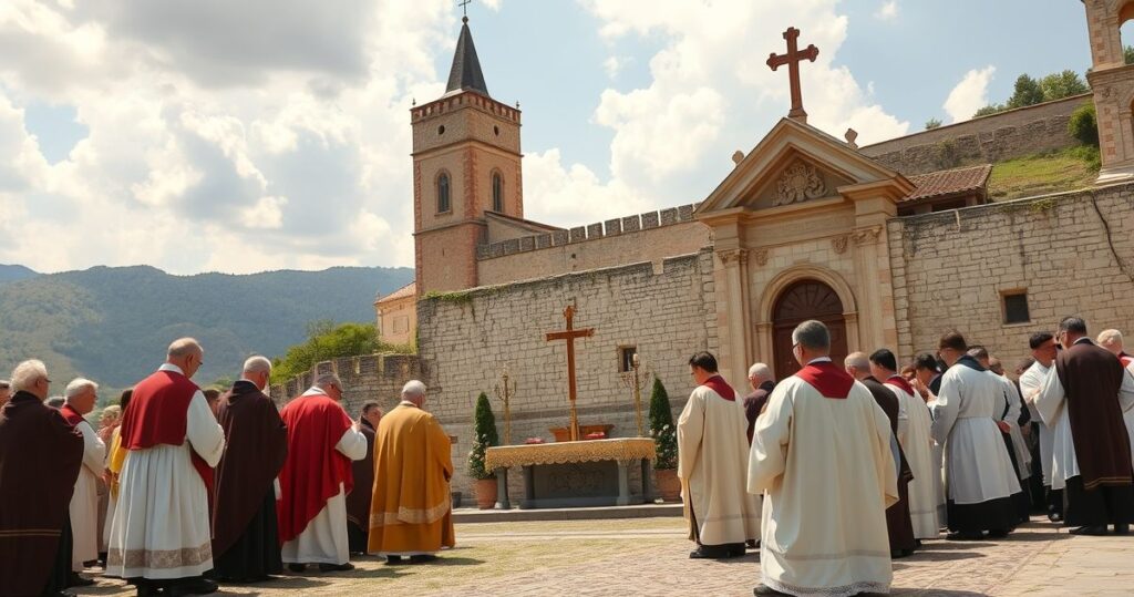 Obraz katolickiego zgromadzenia na tle Castel Gandolfo, ukazujący duchową powagę i wierność tradycyjnej nauce Kościoła w kontekście krytyki modernistycznych tendencji