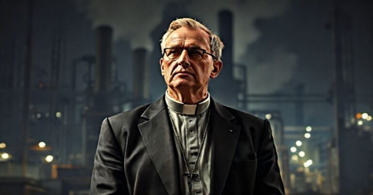 Kתולický podnikatel ve středověkém oděvu stojící před moderním průmyslovým pozadím, symbolizující rozpor mezi ekonomickými ideály a katolickou sociální doktrínou.