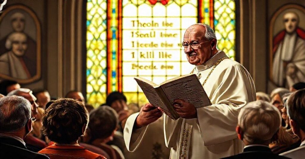 Biskup w tradycyjnych szatach liturgicznych trzyma przed zbiórką przedwatykański Katechizm, z wyrazem surowości i współczucia na twarzy. W tle witraż przedstawia Dziesięć Przykazań z akcentem na "Nie zabijaj". Wierni wyglądają rozdwojeni: niektórzy są zamyśleni, inni zmieszani. W oddali widoczne są postacie św. Tomasza z Akwinu i Piusa XII. Scena podkreśla powagę dyskusji o karze śmierci z tradycyjnego katolickiego punktu widzenia.