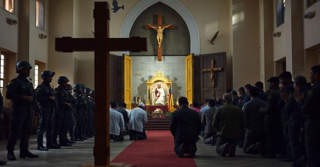 scena w katolickej kościele w Bangladeszu chronionym przez wojsko z widocznym krzyżem i modlącymi się wiernymi