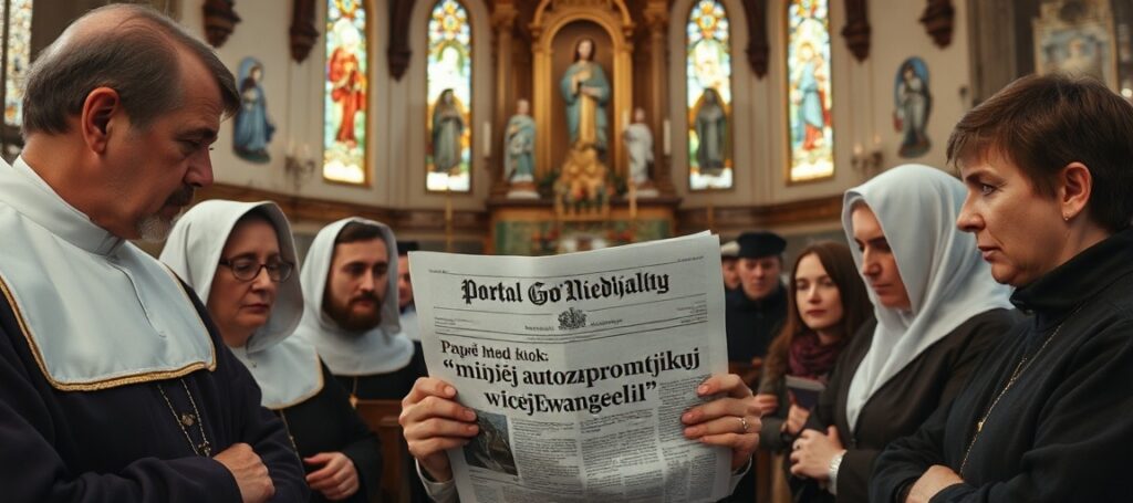 Grupa katolików w tradycyjnym kościele czytają artykuł o rzekomym papieżu Leona XIV i odnowie charyzmatycznej.