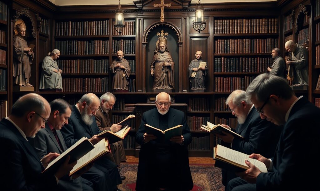 Grupa katolików czytających święte teksty w tradycyjnej bibliotece katolickiej z rzeźbami św. Roberta Bellarmina, św. Piusa X i św. Piusa XII.
