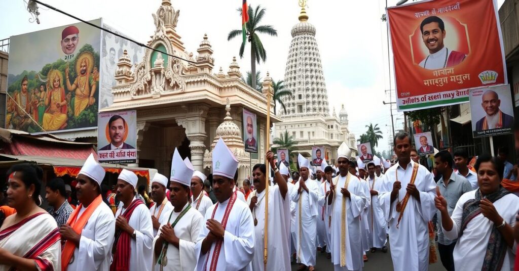 Procesja katolicka w Kerali z tradycyjnymi białymi szatami i kapłanami syromalabarskimi idąca obok hinduistycznych świątyń z kolorowymi murami.