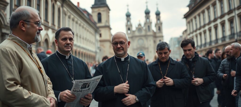 Grupa katolików w Rynku Głównym w Krakowie rozmyśla nad odwołaniem prezydenta Miszalskiego w świetle nauczania Kościoła.