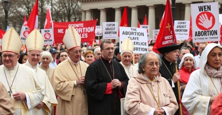 Biskupi katoliccy w tradycyjnych szatach podczas marszu przeciw aborcji w Berlinie, pokazujący ich stanowisko wobec modernistycznych działań kościoła