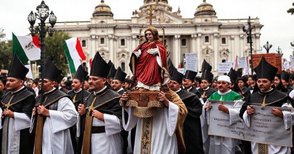 Procesja katolicka w Meksyku przed budynkiem Kongresu z udziałem duchownych i wiernych przeciw cenzurze wypowiedzi religijnych